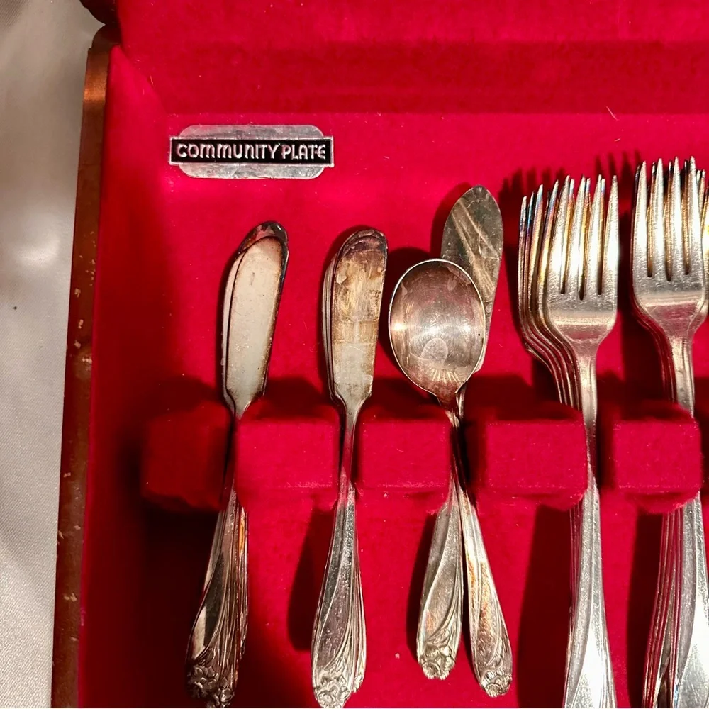 50s Silver-plated Daffodil Pattern Cutlery Set 12 in Wooden Case